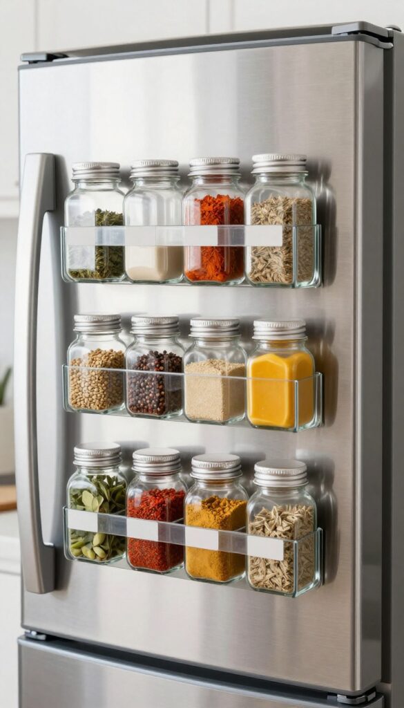 Inside a fridge door with magnetic spice jars holding small items like spices and sauces, organized neatly.