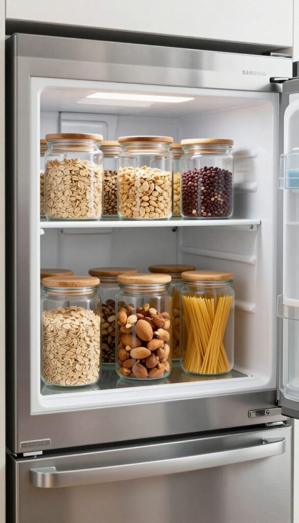 Glass jars with wooden lids arranged neatly on a Samsung fridge shelf, filled with dry goods, creating a cozy pantry vibe.