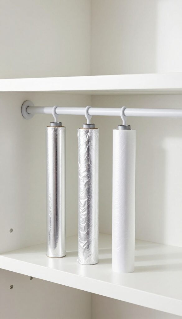 White tension rod under a pantry shelf holding rolls of foil, plastic wrap, and parchment paper upright.