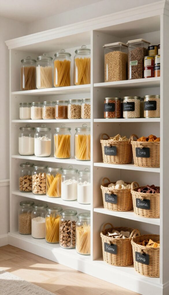 Organized deep pantry with categorized items in clear jars and woven baskets on white shelves, warm natural light.