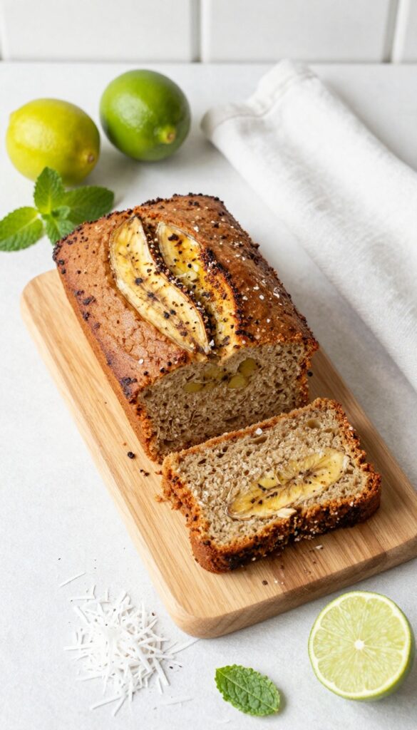 Gluten free coconut lime banana bread loaf on a wooden board with limes and coconut