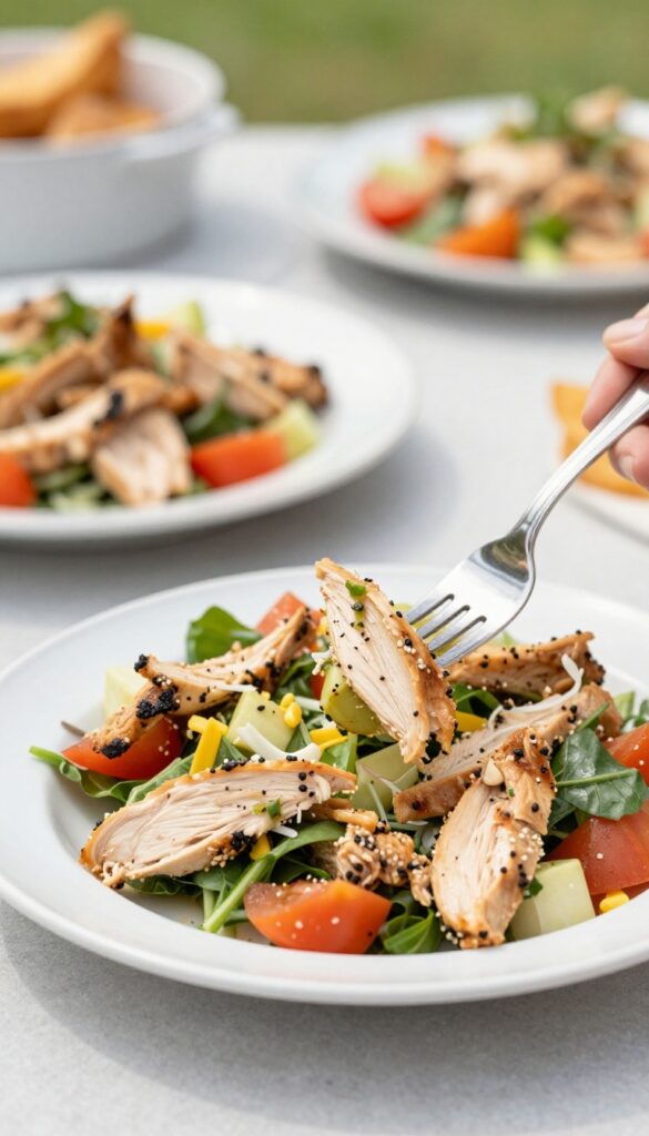 Close-up of chicken salad being lifted with a fork