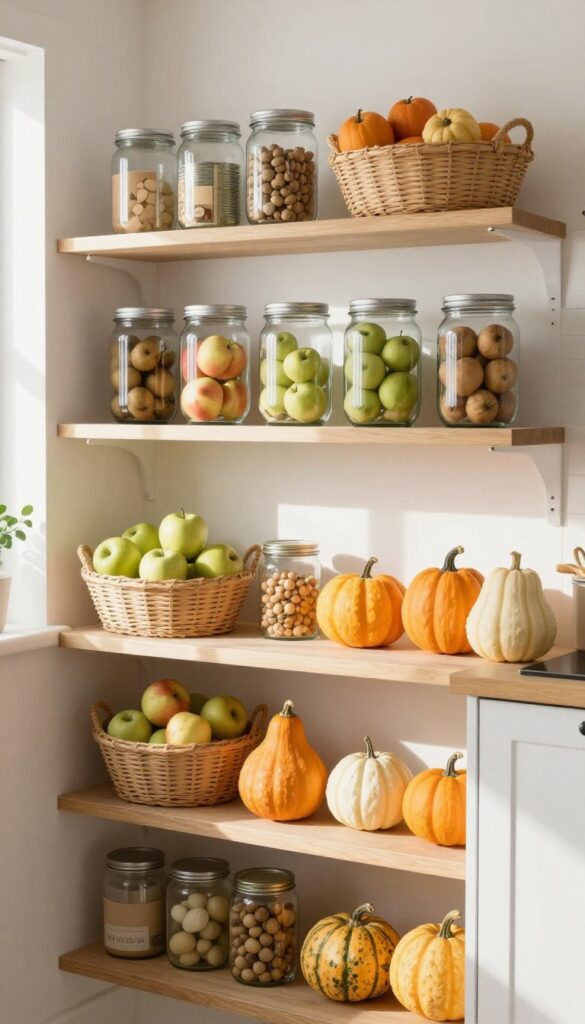 Pantry shelves with seasonal produce at eye level, organized in clear jars and baskets, with out-of-season items stored higher and lower.