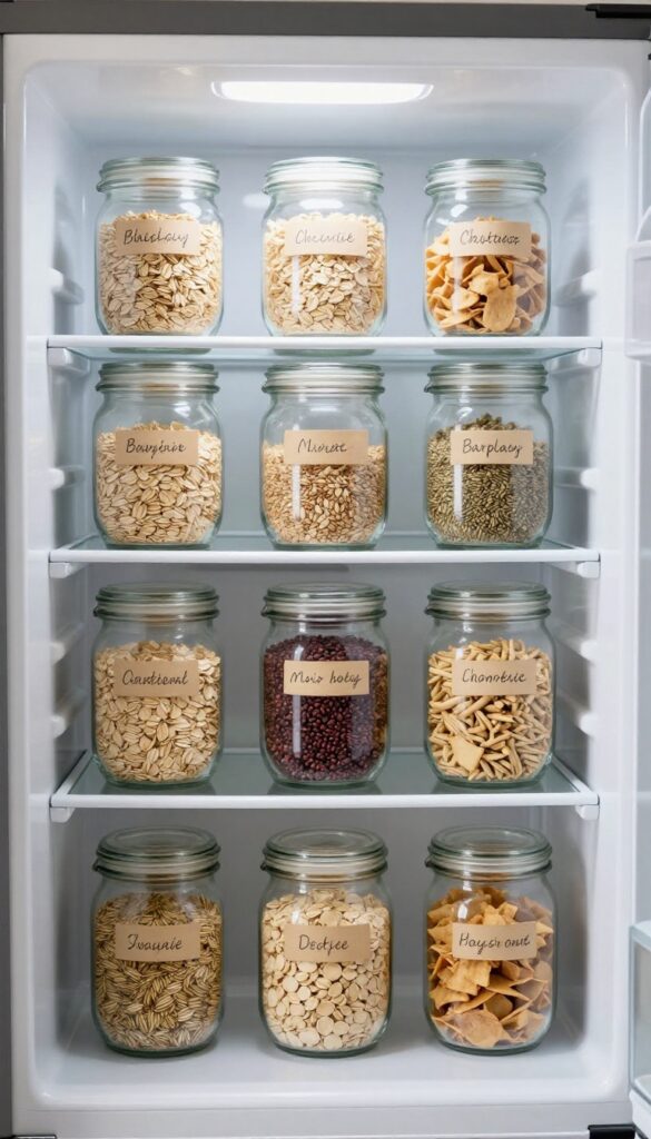 Neatly arranged labeled glass jars filled with dry goods on a refrigerator shelf