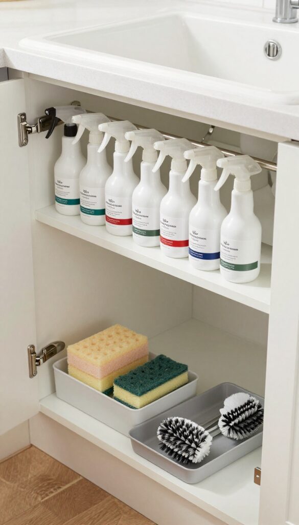 Under-sink cabinet organized with a tension rod holding spray bottles, caddy with sponges, and tray with brushes.