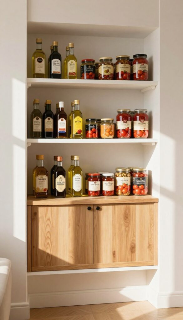 A wooden lazy Susan on a corner pantry shelf, holding jars and cans neatly arranged for easy access.