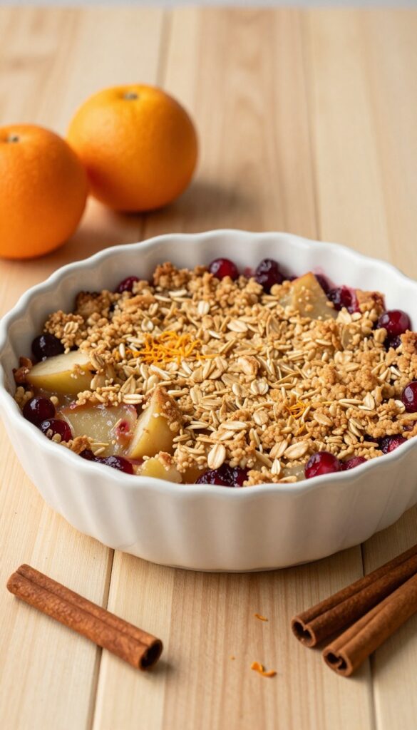 Apple cranberry crisp with orange zest in a ceramic dish, golden oat topping, autumn setting
