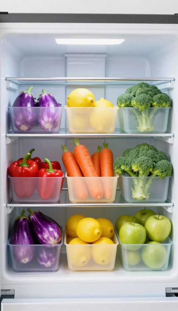 Open refrigerator with color-coded produce bins arranged by color family, creating a rainbow effect.