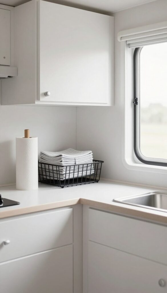 Under-shelf basket clipped to a cabinet shelf in a tiny RV kitchen, holding paper towels and napkins.