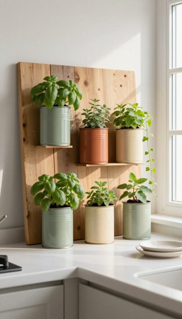 Hanging herb garden from painted tin cans on a wooden board in a small kitchen with natural light