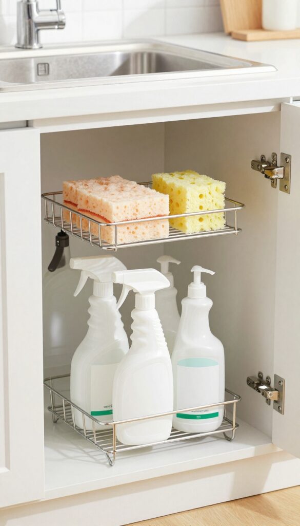 Under sink cabinet with tiered shelf riser organizing cleaning products