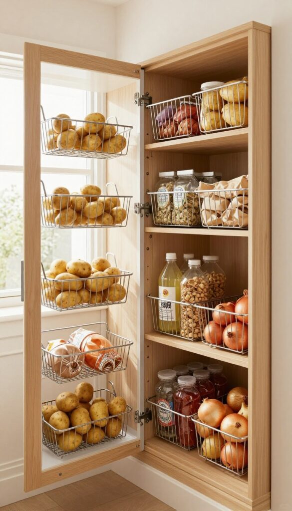 Pull-out baskets in a deep pantry shelf with potatoes and onions
