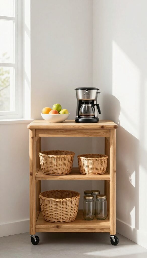 Narrow rolling cart with butcher-block top in a small kitchen, holding coffee maker and fruit, with baskets and jars on lower shelf.