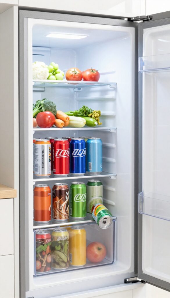 Clear plastic soda can dispenser in a refrigerator, holding colorful cans, with one can being pulled from the bottom.