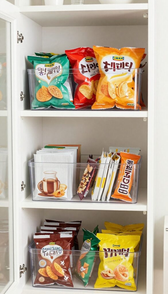 Clear IKEA VARIERA boxes stacked on a pantry shelf, holding loose snack bags and tea packets, neatly organized with natural light.
