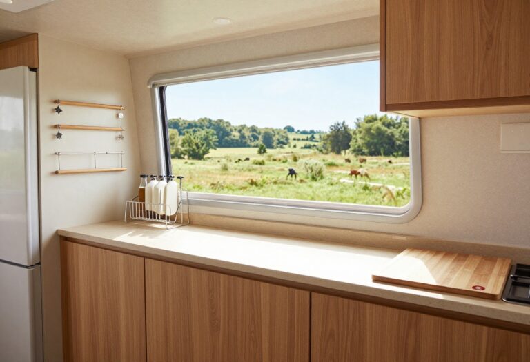Organized camper kitchen with magnetic spice jars, collapsible dish rack, and over-the-sink cutting board in a bright interior.