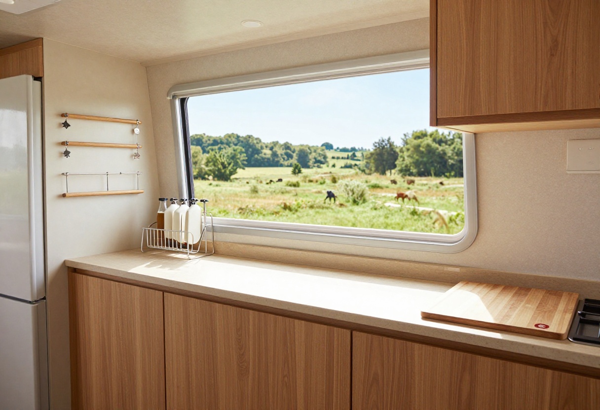Organized camper kitchen with magnetic spice jars, collapsible dish rack, and over-the-sink cutting board in a bright interior.