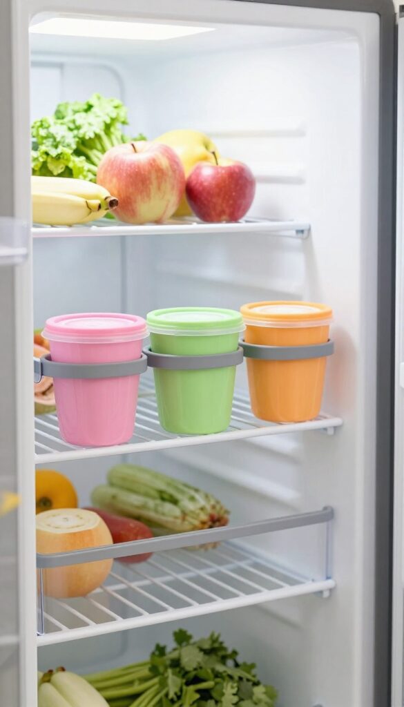 Clip-on cup holders attached to a fridge door shelf holding colorful pouches upright
