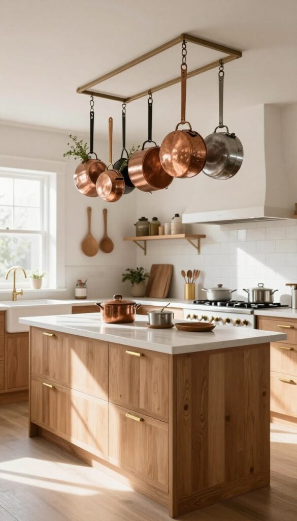 Kitchen with ceiling-mounted pot rack displaying copper and stainless steel pots, wooden spoons, and herbs over an island, natural light, warm and cozy atmosphere.
