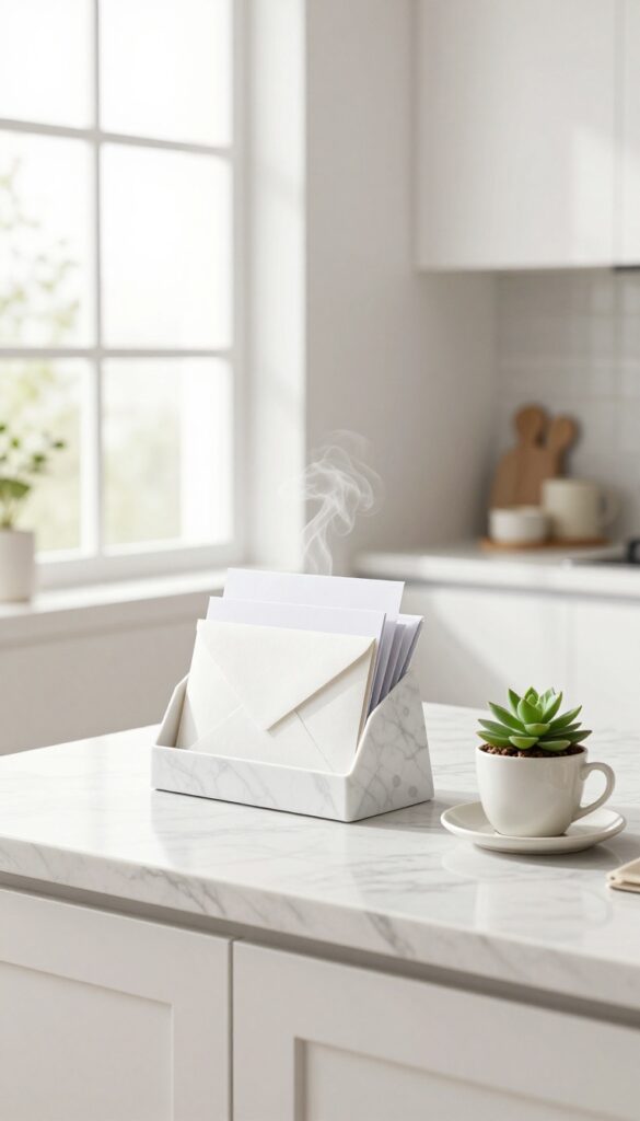 A magazine holder on a kitchen counter used as a vertical mail bin, with envelopes standing upright, next to a coffee cup and a succulent.