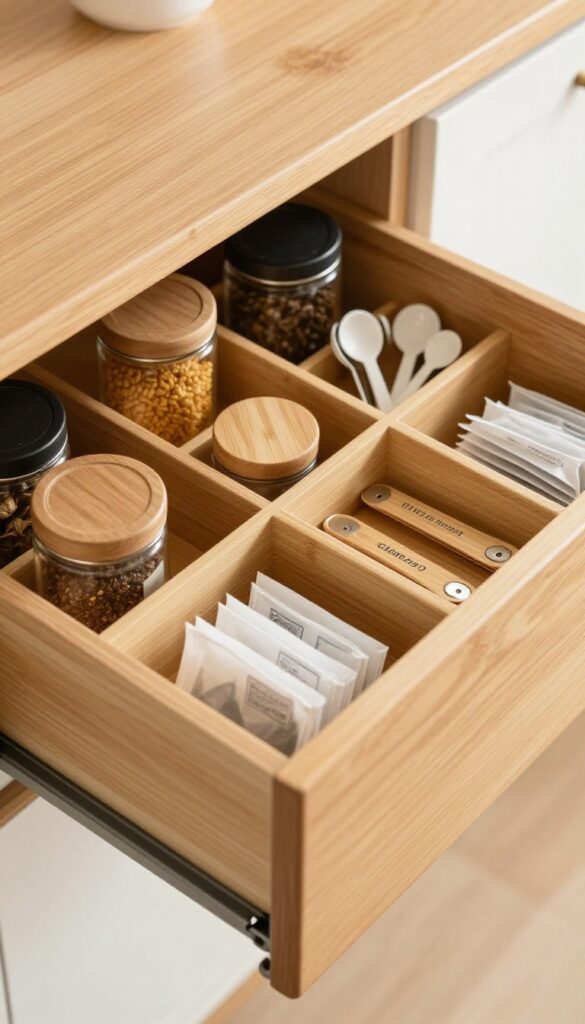Open kitchen drawer with custom bamboo inserts organizing spices and utensils in soft natural light.