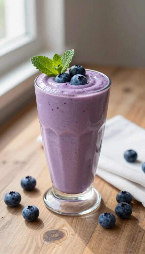 Blueberry vanilla Greek yogurt smoothie in a glass on a wooden table with fresh blueberries and mint garnish.
