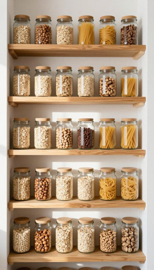 Glass jars with cork lids on a pantry shelf, filled with dry goods, in natural light.