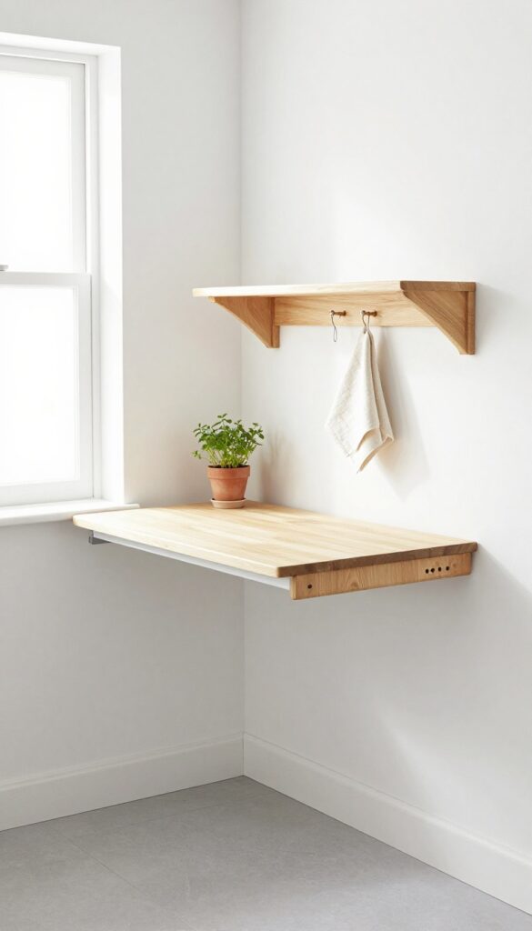 Wall-mounted folding table lowered as extra prep space in a bright, airy kitchen with natural light.