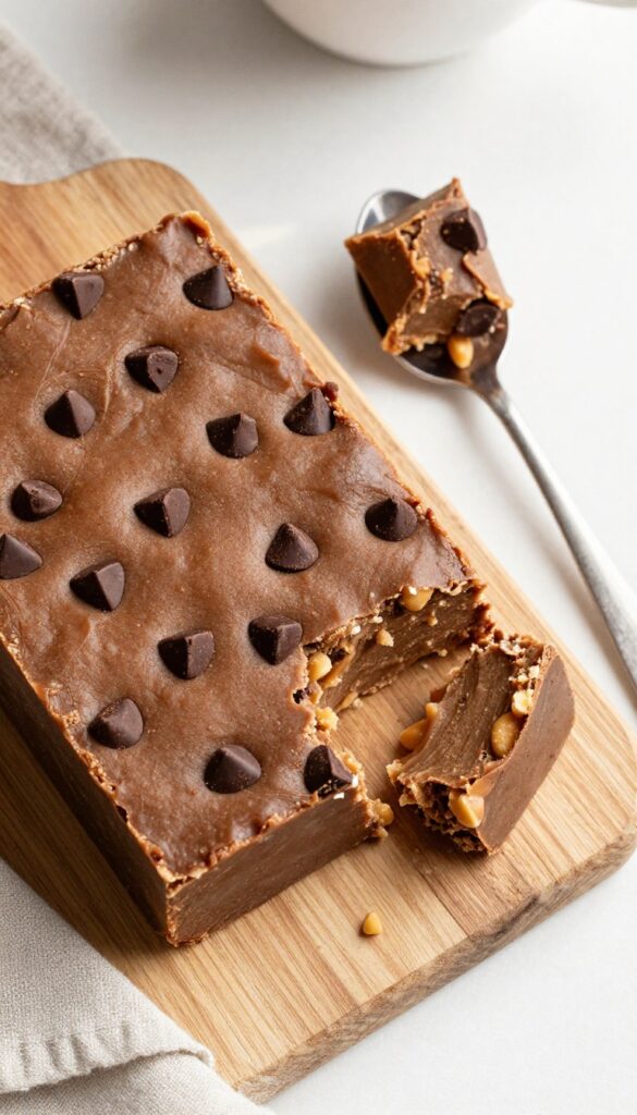 No-bake peanut butter cookie dough fudge square with chocolate chips on a wooden board, spoon showing soft texture