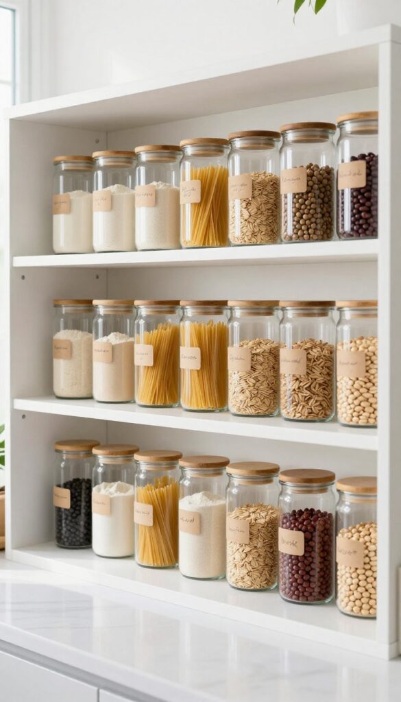 Open shelving with matching glass jars in a bright modern kitchen