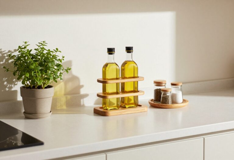 Organized kitchen countertop with tiered stand, tray, and herb plant in a bright, small-space kitchen