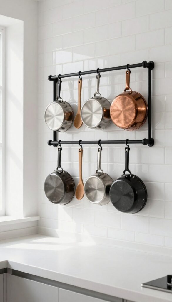 Modern kitchen with wall-mounted pot rack displaying copper and stainless steel cookware against white subway tile backsplash