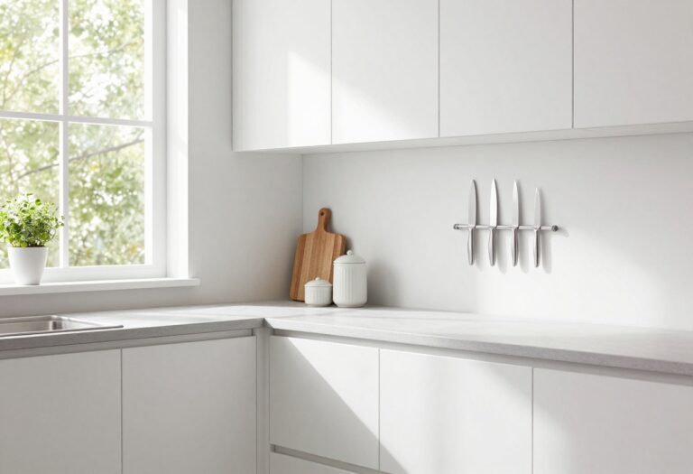 Small kitchen with white cabinets, open shelving, and a magnetic knife strip on the backsplash.