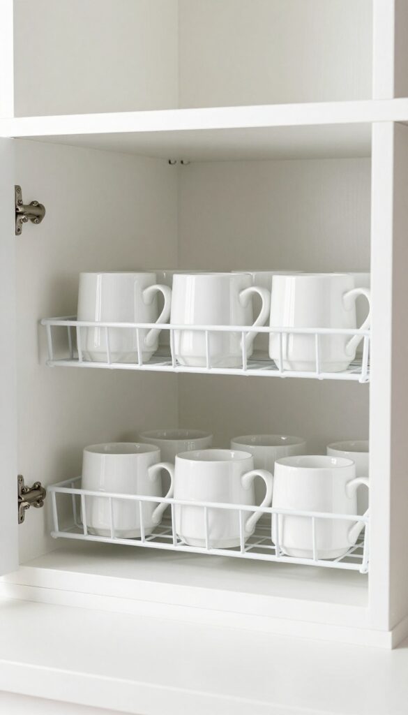 Organized kitchen cabinet with stackable shelf risers doubling storage space for dishes and mugs