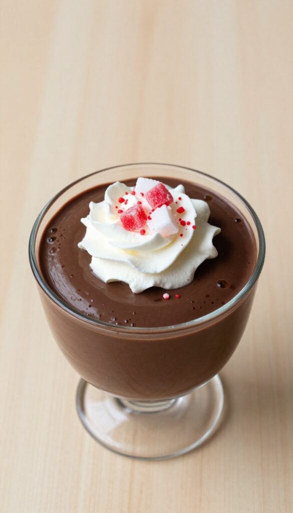 Peppermint chocolate mousse in a glass cup with whipped cream and crushed peppermint candies on top.