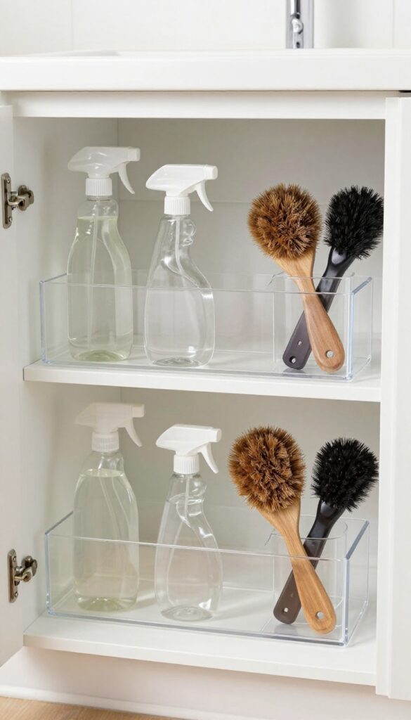 Clear acrylic caddies organizing cleaning supplies under a kitchen sink