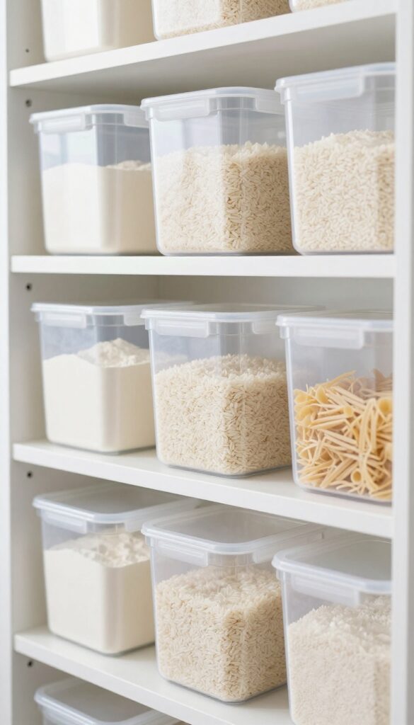 Clear stackable bins filled with rice, pasta, and flour on pantry shelves
