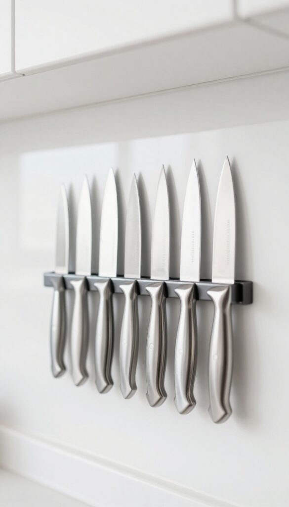 Wall-mounted magnetic knife strip on a kitchen backsplash with neatly arranged stainless steel knives.