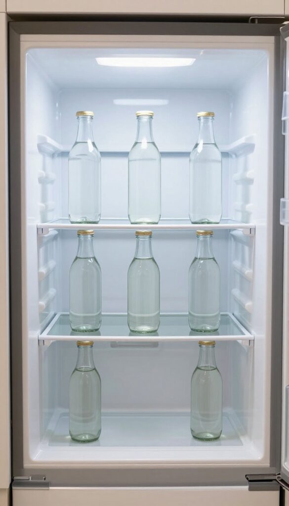 Glass bottle display in fridge with light refracting through bottles