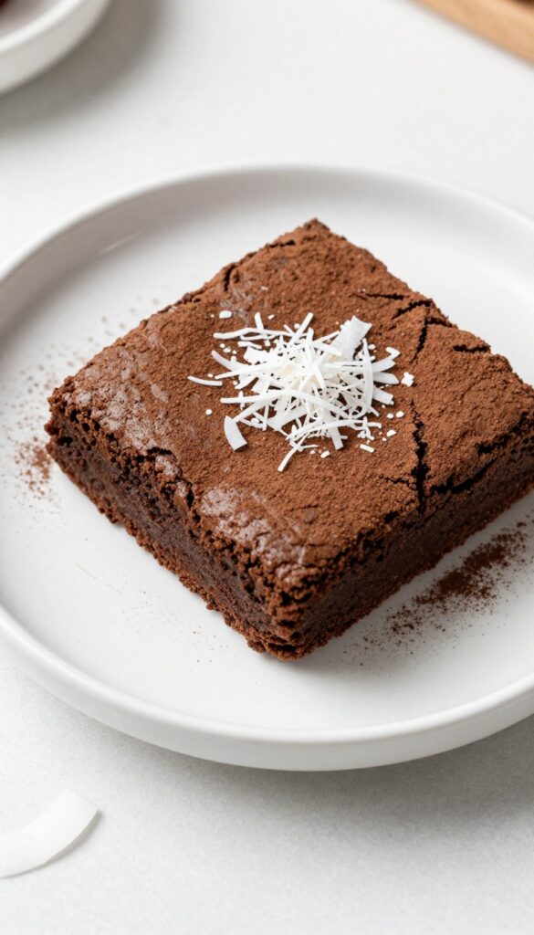 Coconut flour brownie dusted with cocoa on a white plate