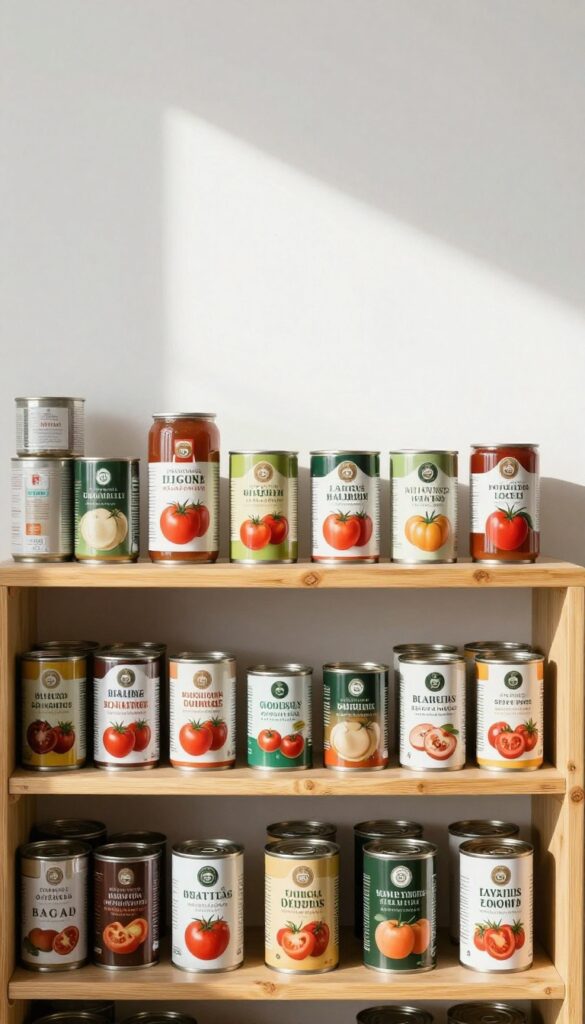 Bamboo shelf risers in a pantry organizing canned goods with visible labels, warm natural lighting, clean and calm aesthetic.