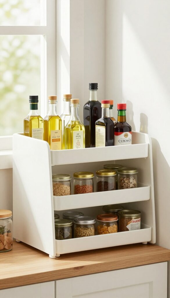 Lazy Susan on corner pantry shelf with organized bottles and jars