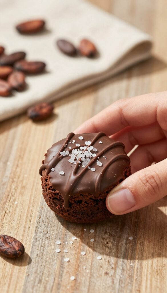 Flourless peanut butter brownie bites on a wooden table with chocolate drizzle and sea salt