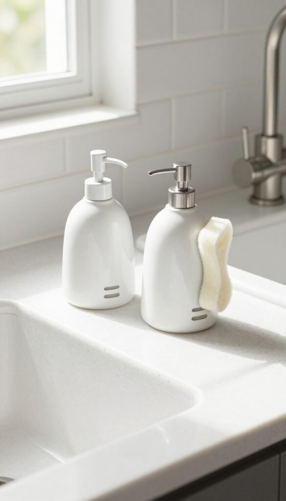 Matching soap dispenser and sponge holder at kitchen sink
