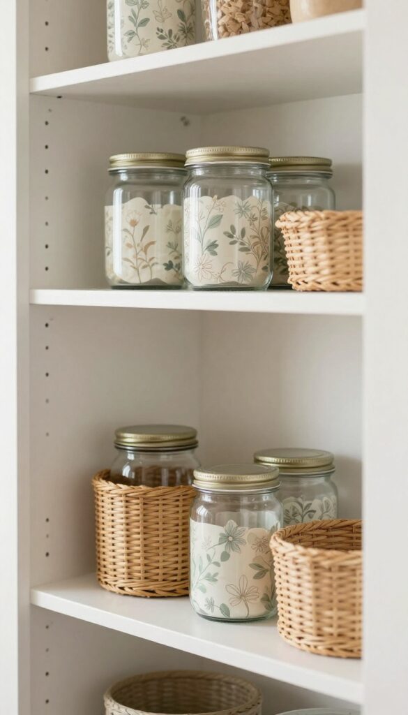 Pantry shelf with floral contact paper, glass jars, and woven baskets in natural light.