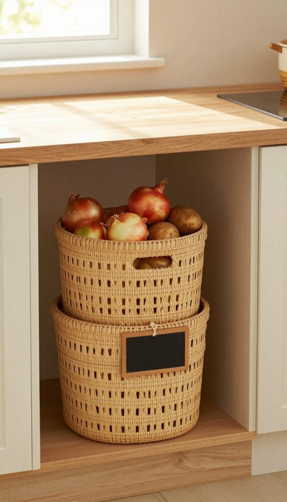 Stackable woven bins for onions and potatoes on a wooden counter in a warm, lived-in kitchen.