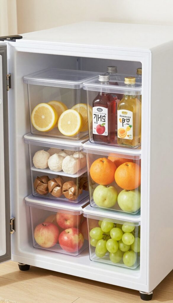 Open mini fridge with clear stackable bins organizing drinks, snacks, and condiments in bright natural light.