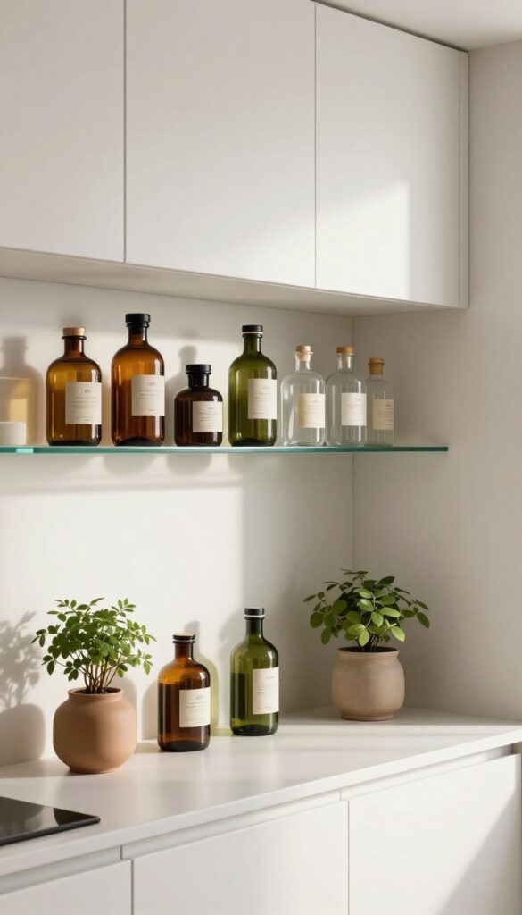 Under-cabinet glass shelf in a kitchen displaying colorful bottles and a small plant, with natural light and clean composition.