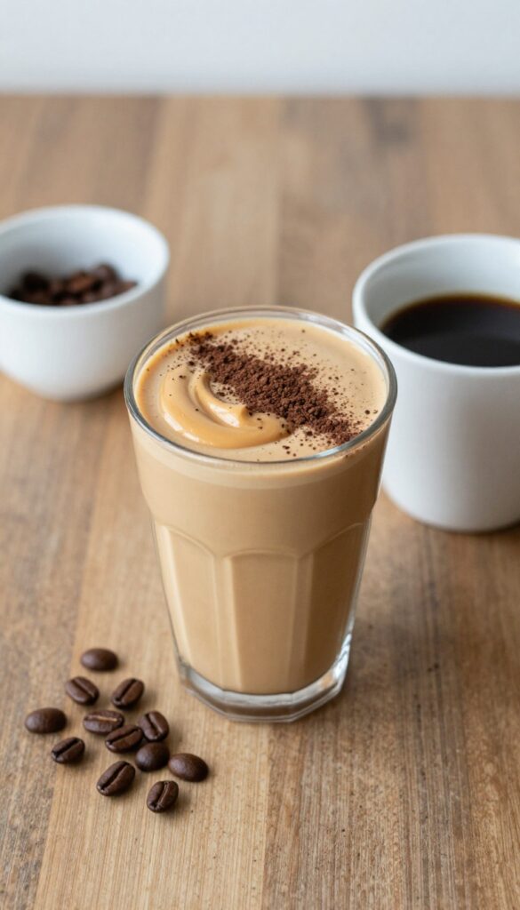 Peanut butter coffee smoothie in a glass with peanut butter drizzle and cocoa powder on a wooden table