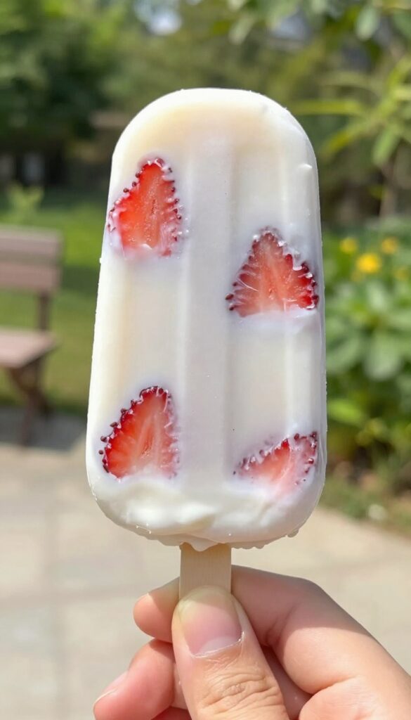Hand holding a chocolate-covered strawberry coconut milk popsicle in a sunny outdoor setting